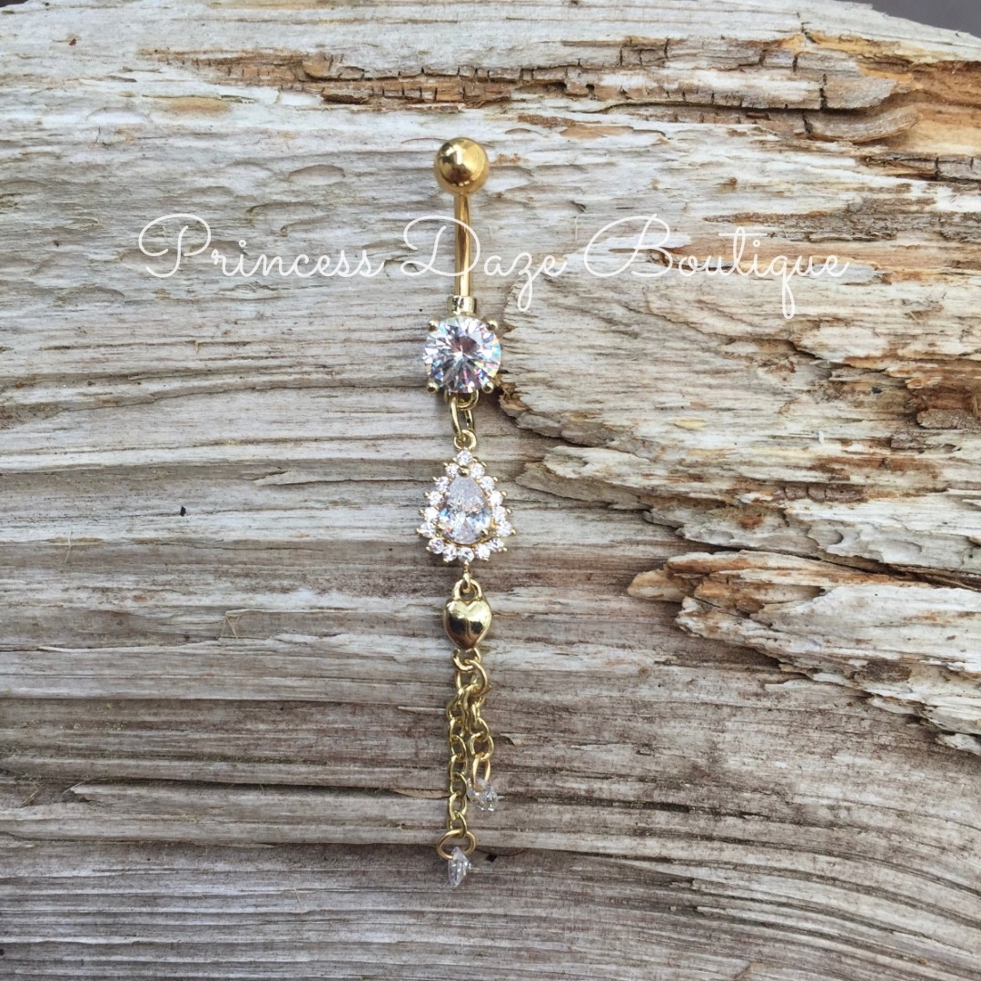 Gold Diamond Dangle Belly Ring Heart Navel Jewelry Piercing Gold Diamond Dangle Belly Ring Heart Navel Jewelry Piercing
